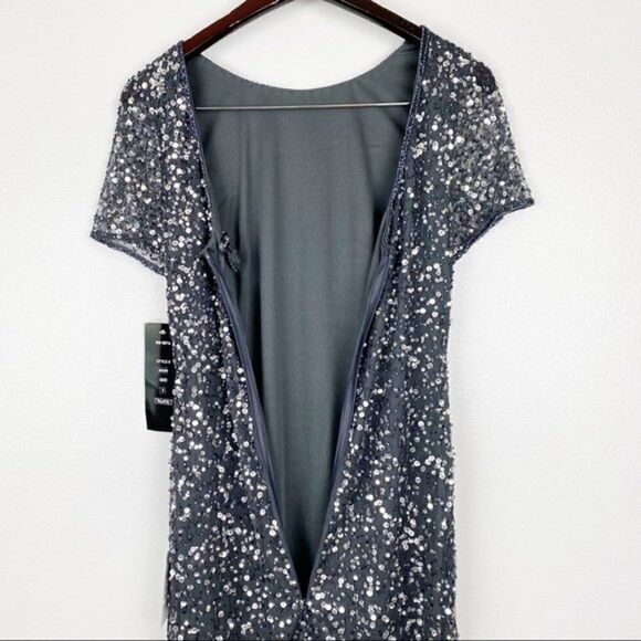 Pisarro Nights Beaded Short Sleeve Maxi Dress Evening Gown Gray Size 2 NWT - Picture 6 of 9